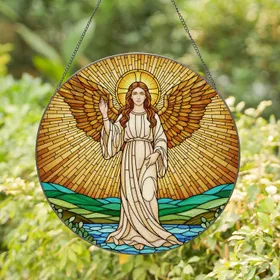 Angel Figure Stained Glass Golden Wings, Halo Cross, Tiffany Jewel Tones, Radiant Sunburst Stained Glass Suncatcher