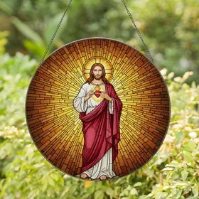 Jesus Christ Sacred Heart Stained Glass Art Tiffany Style Golden Light Rays Mosaic Stained Glass Suncatcher