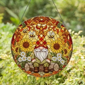 Garden Gnome Sunflowers Bumblebees Tiffany Glass Autumnal Jewel Tones - Window Art Stained Glass Suncatcher
