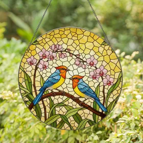 Vibrant Yellow Blue Songbirds Pink Orchid Tiffany Stained Glass Mosaic Sunlight Art Stained Glass Suncatcher