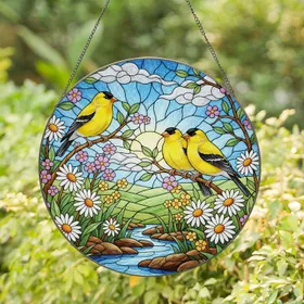 American Goldfinch Stained Glass Daisies Wildflowers Stream Landscape Tiffany Style Stained Glass Suncatcher
