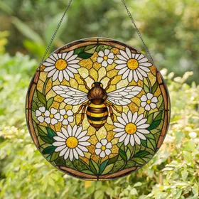 Honey Bee Daisy Flower Tiffany Stained Glass Art - Intricate Amber Golden Floral Decor Stained Glass Suncatcher