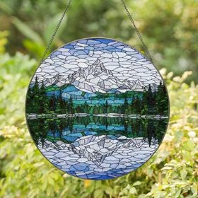 Majestic Snow-Capped Mountain Lake Pine Trees Tiffany Style - Nature Lover Home Decor Gift Stained Glass Suncatcher
