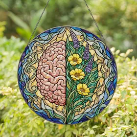 Brain to Flowers Stained Glass - Cerebrum & Botanical Bloom Tiffany Style Art Stained Glass Suncatcher