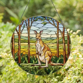 Solitary Kangaroo Australian Landscape Stained Glass - Tiffany Jewel Tone Eucalyptus Art Stained Glass Suncatcher