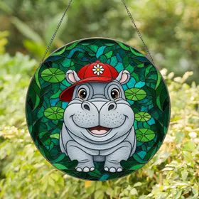 Detailed Baby Hippo Red Baseball Cap Tiffany Stained Glass Glowing Intricate Wildlife Mosaic Art Stained Glass Suncatcher