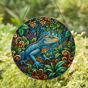 Blue Scaled Lizard Jungle Foliage Stained Glass Art Mosaic - Tiffany Jewel Tones Stained Glass Suncatcher