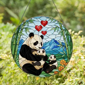 Panda Family Stained Glass Art, Baby Pandas, Red Hearts, Orange Flowers, Bamboo Forest Stained Glass Suncatcher