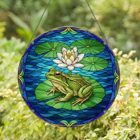 Vibrant Green Tree Frog Lily Pad Stained Glass Tiffany Style Water Lily Pond Stained Glass Suncatcher