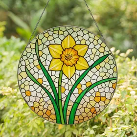 Daffodil Flower Tiffany Stained Glass Mosaic Emerald Green Leaves Glowing Jewel Tones Stained Glass Suncatcher