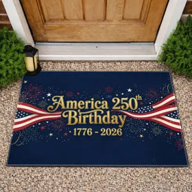 America 250th Birthday 1776-2026 USA Flag Stripes Fireworks Stars American Heritage Doormat