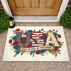 Patriotic USA Flag Letters 1776-2026 - Floral Poppies 250 Years of Freedom Celebration Doormat