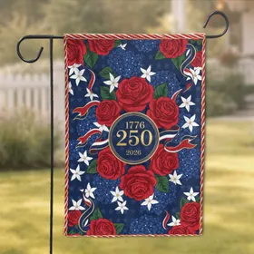 USA 250th Anniversary Red White Blue Floral Bouquet 1776-2026 Emblem Independence Day Garden Flag