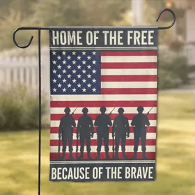 Soldier Silhouette Distressed American Flag - Home of the Free Because of the Brave 1776-2026 Garden Flag