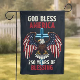 Bald Eagle American Flag Blue Cross God Bless America - USA 250th Anniversary (1776-2026) Garden Flag