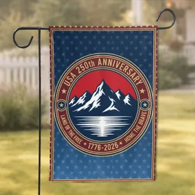 American Mountain Landscape Circular Emblem - Patriotic USA 250th Anniversary 1776-2026 Garden Flag