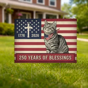 Tabby Cat Distressed American Flag 1776-2026 - USA 250th Anniversary of Blessings Yard Sign