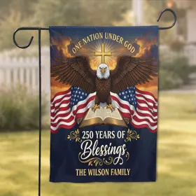 Bald Eagle American Flag Bible Cross - USA 250th Anniversary (1776-2026) One Nation Under God Garden Flag