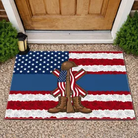 Fallen Soldier Battle Cross American Flag - USA 250th Anniversary Patriotic Gift for Veterans Doormat