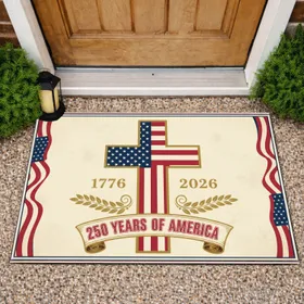 American Flag Cross 1776-2026 - 250 Years of America Patriotic Anniversary Commemoration Doormat