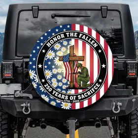 Soldier Kneeling Cross Flag - America 250th Anniversary 1776-2026 - Honor The Fallen Spare Tire Cover