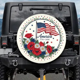 American Flag Poppies Daisies America 1776-2026 - USA 250th Anniversary Independence Day Spare Tire Cover