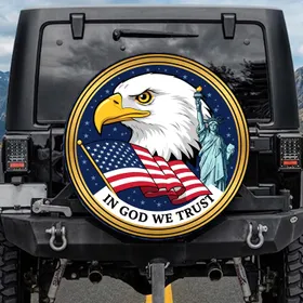 Bald Eagle American Flag Statue of Liberty IN GOD WE TRUST - USA 250th Anniversary 1776-2026 Spare Tire Cover