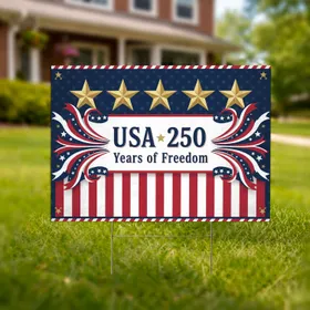 USA 250 Years of Freedom Banner, Gold Stars & Red White Blue Ribbons - 250th Anniversary Yard Sign