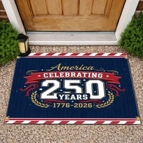 America 250 Years 1776-2026 Laurel Wreath Flag Stripes - USA Anniversary Decor Doormat