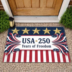 USA 250 Years of Freedom Banner, Gold Stars & Red White Blue Ribbons - 250th Anniversary Doormat