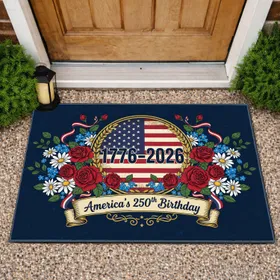 1776-2026 American Flag Patriotic Flowers - America's 250th Anniversary Independence Day Doormat