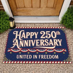 Happy 250th Anniversary United in Freedom Patriotic Bunting 1776-2026 Gold Star Doormat