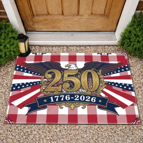 Bald Eagle American Flag 1776-2026 - USA 250th Anniversary Buffalo Plaid Bunting Doormat