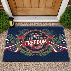 Celebrating 250 Years of Freedom 1776-2026 Patriotic Emblem Laurel Stars Design Doormat
