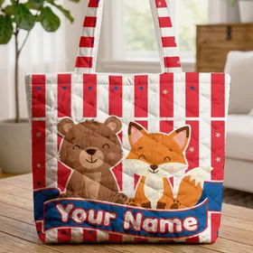 Bear Fox Name Ribbon Red White Stripes Silver Stars - Everyday Carry Gift Quilted Tote Bag