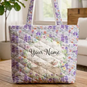 Lupine Wildflower Bunnies Nuzzling Floral Wreath - Wildlife Lover Gift Quilted Tote Bag