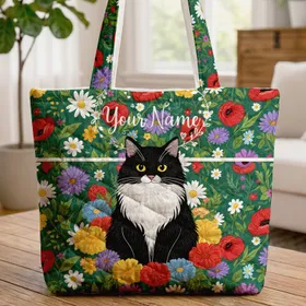 Black White Cat Vibrant Garden Flowers Floral Wreath - Everyday Cat Lover Gift Quilted Tote Bag