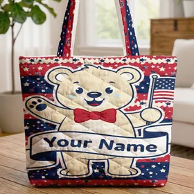 Smiling Cartoon Bear Waving Patriotic Flag with Your Name for Independence Day Kids Gift Quilted Tote Bag