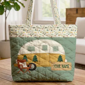 Tear-Drop Camper Van Your Name Sign Pinecone Forest Road Trip Gift Quilted Tote Bag