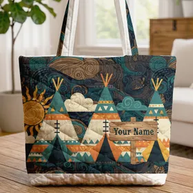 Personalized Tipis Sun Clouds Western Rustic Sign - Boho Lifestyle Home Decor Gift Quilted Tote Bag