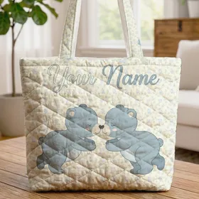 Baby Bears Nuzzling Forget Me Not Flowers Floral Wreath - Nursery Decor Gift Quilted Tote Bag