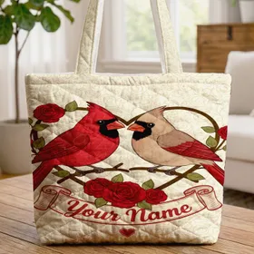 Cardinals Heart Branch Roses Botanical Scrolls Personalized - Bird Lover Gift Quilted Tote Bag