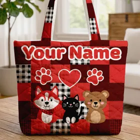 Red Black White Gingham Patchwork Paw Prints Heart - Your Name Pet Lover Gift Quilted Tote Bag