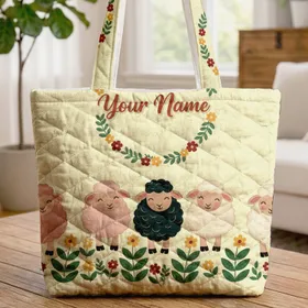 Five Sheep Field Flowers Name Wreath - Everyday Gift for Sheep Lover Quilted Tote Bag