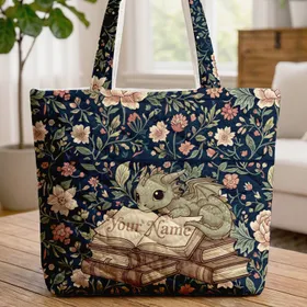Dragon Antique Books Peonies Vines Berries Flowers Buds - Fantasy Reader Home Decor Gift Quilted Tote Bag