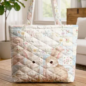 Bunnies Floral Wreath Patchwork - Personalized Baby Shower Gift Quilted Tote Bag