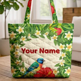 Tropical Finch Hibiscus Plumeria Leaves Floral Wreath - Botanical Bird Lover Gift Quilted Tote Bag