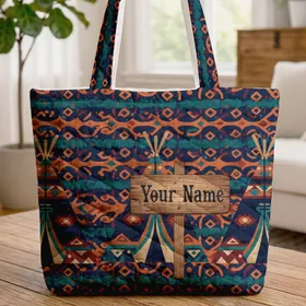Folk Art Tribal Tipi Village Wavy Lines Diamond Shapes Wooden Name Sign - Everyday Use Gift Quilted Tote Bag