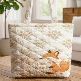 Bunny Fox Floral Wreath Personalized - Everyday Tote Gift for Kids Quilted Tote Bag
