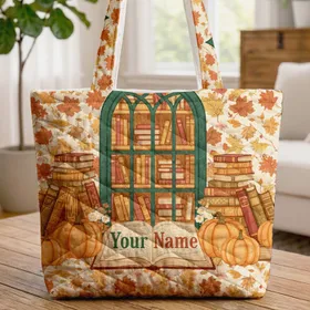 Maple Oak Leaves Library Window Books Autumn Pumpkins - Book Lover Seasonal Decor Gift Quilted Tote Bag